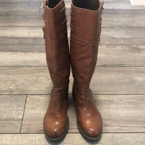 Franco Sarto Patina heeled cognac brown leather upper boots with side zipper